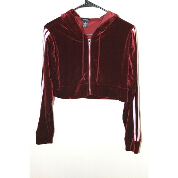 Rue 21 Women Crop Top Hoodie Jacket Red Velvet Velour Stripe on Sleeve Size XS - Picture 1 of 4